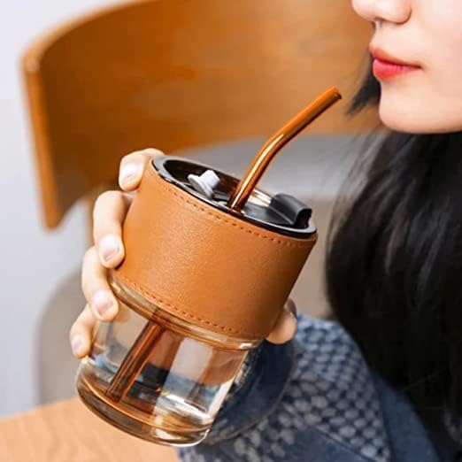 ZARA Star Glass Reusable Sipper Bottle with Leather Sleeve Glass Coffee Mug with Silicone Straw and Leakproof Lid Tumbler for Coffee,Tea, Milk Beverages 450ml