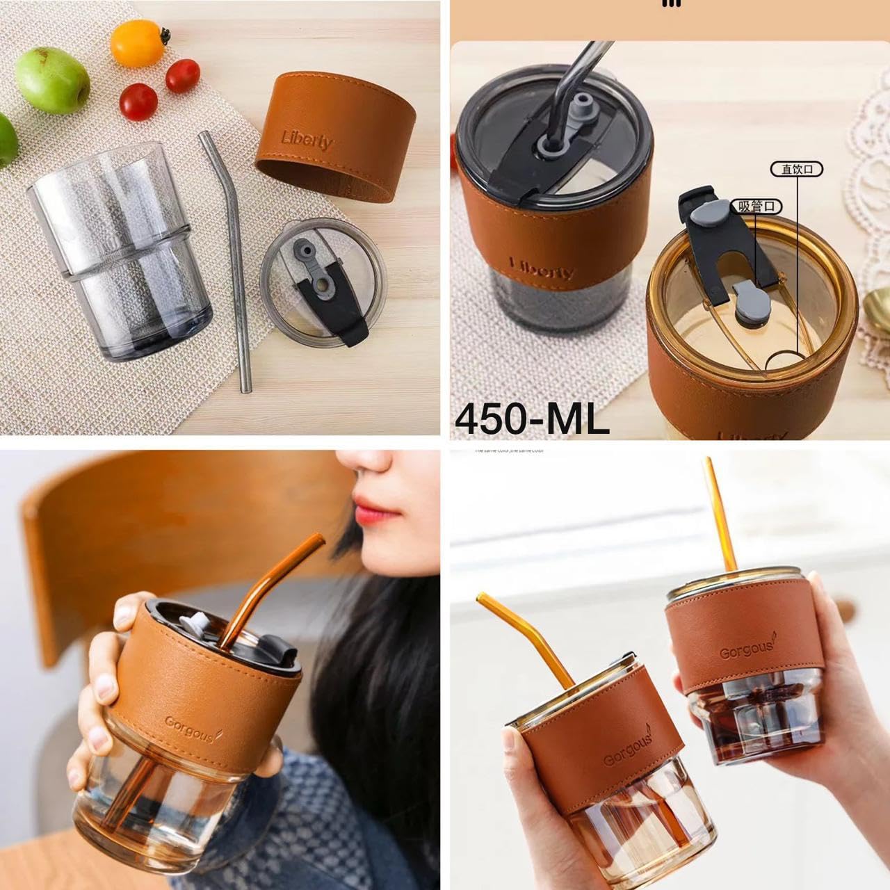 ZARA Star Glass Reusable Sipper Bottle with Leather Sleeve Glass Coffee Mug with Silicone Straw and Leakproof Lid Tumbler for Coffee,Tea, Milk Beverages 450ml